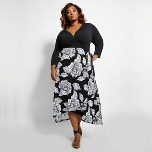 2/$30 Ashley Stewart Floral Faux Wrap High Low Dress Black White 26 #A1256